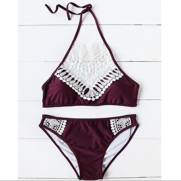 Burgandy Lace Detail Halter Top Bikini - Picture 5 of 8